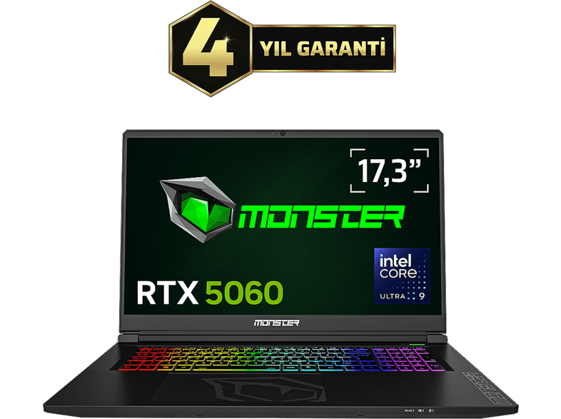 MONSTER Tulpar T7 V26.4.5/Intel Core Ultra 9 185H/32GB RAM/1TB SSD/RTX5060/17.3"/W11 Laptop Siyah