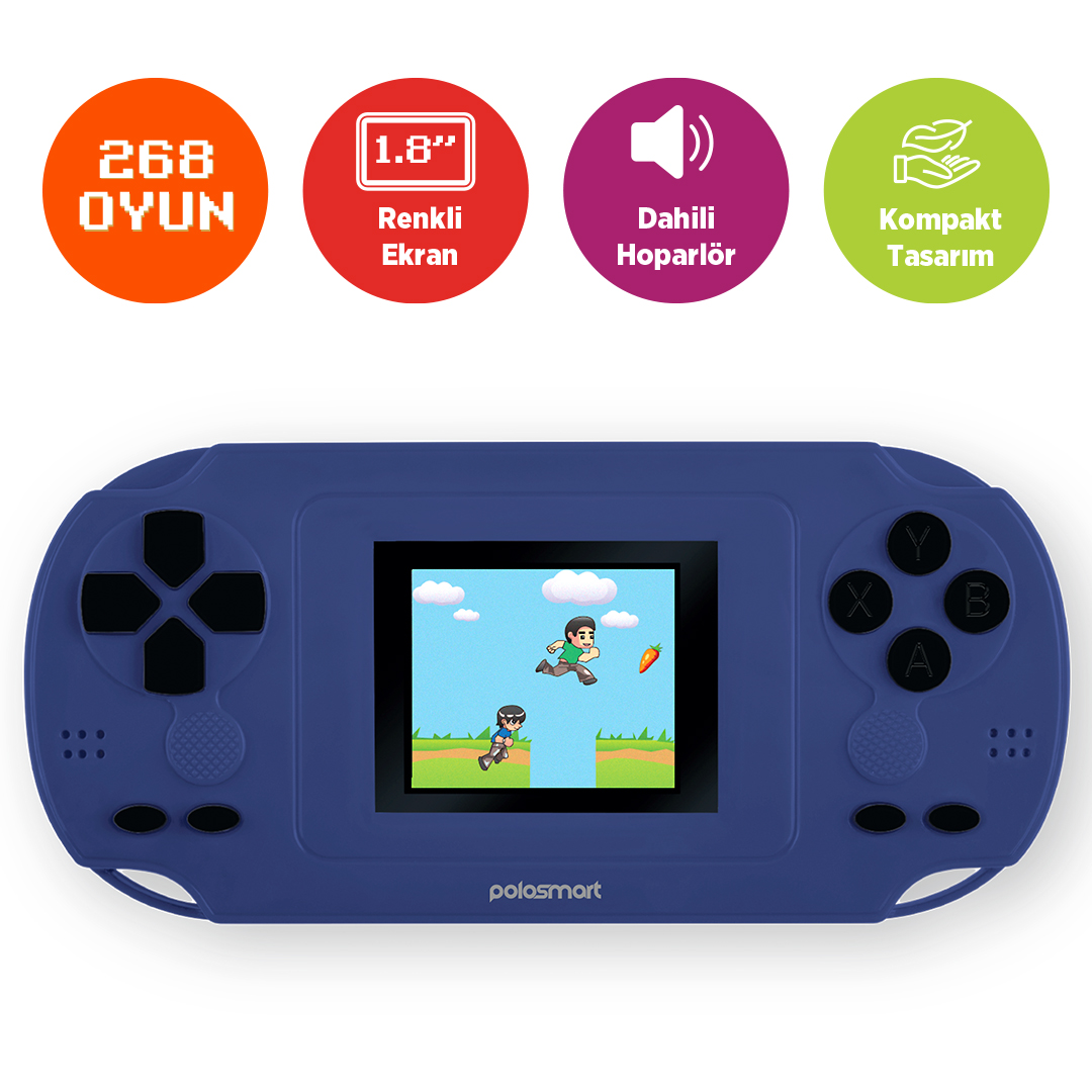 Üstünde özellik simgeleri ve ekranında bir platform oyunu olan mavi bir el oyun konsolu.