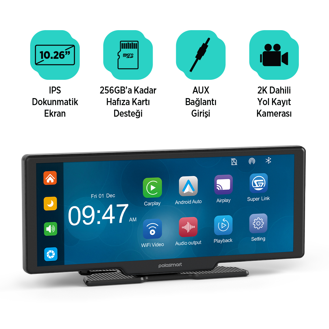Dokunmatik ekranlı, CarPlay ve kamera özellikli araç ekranı.