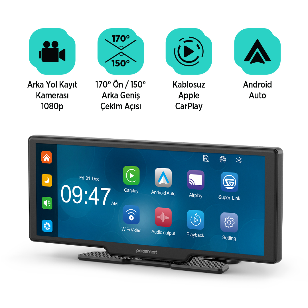 CarPlay ve Android Auto özellikli araç ekranı, üstte dört turkuaz simge ve detaylar.