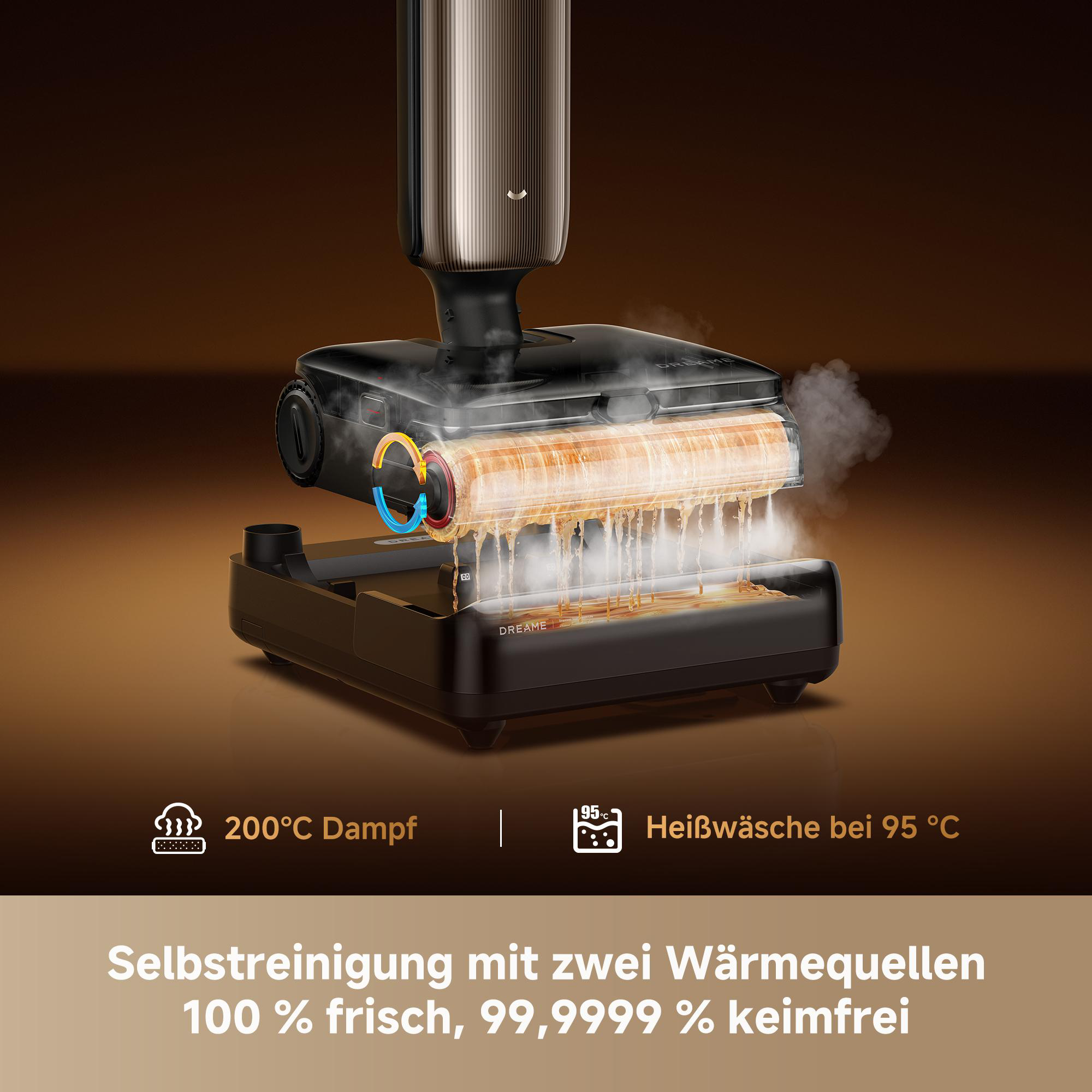 Ein schwarzer Staubsaugerkopf reinigt sich mit Dampf und Heißwasser vor warmem Hintergrund.