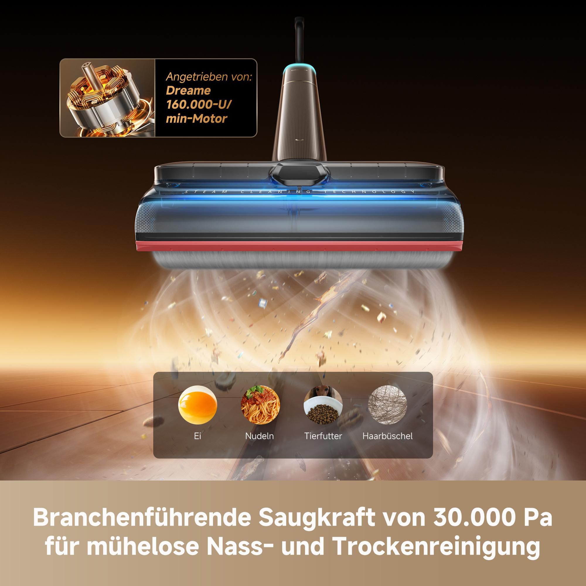 Ein Mop-Staubsauger reinigt Schmutz wie Eier, Nudeln und Tierfutter mit starker Saugkraft.