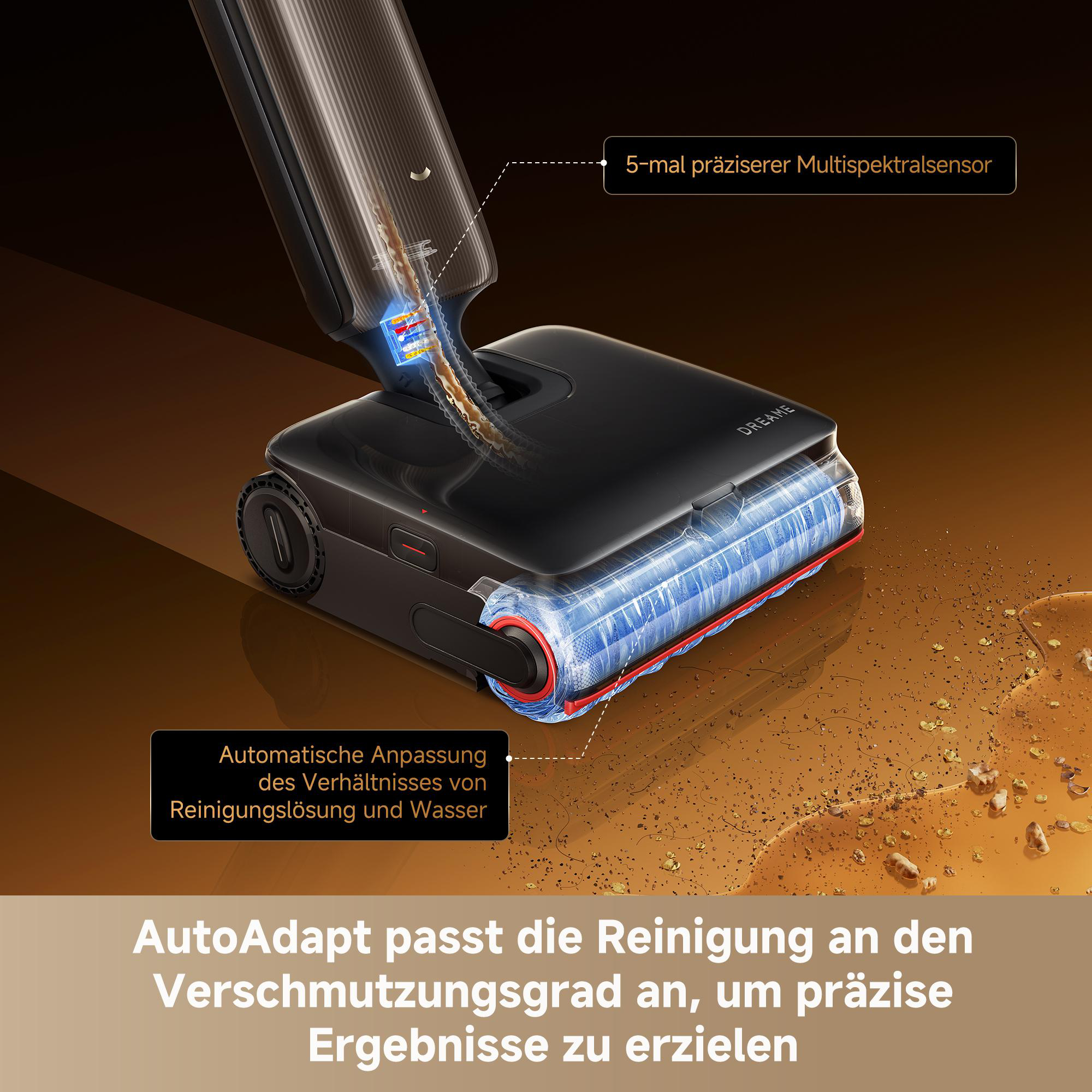 Ein schwarzer Nasssauger mit blauer Walze saugt Schmutzwasser auf, unterstützt durch Sensoren.