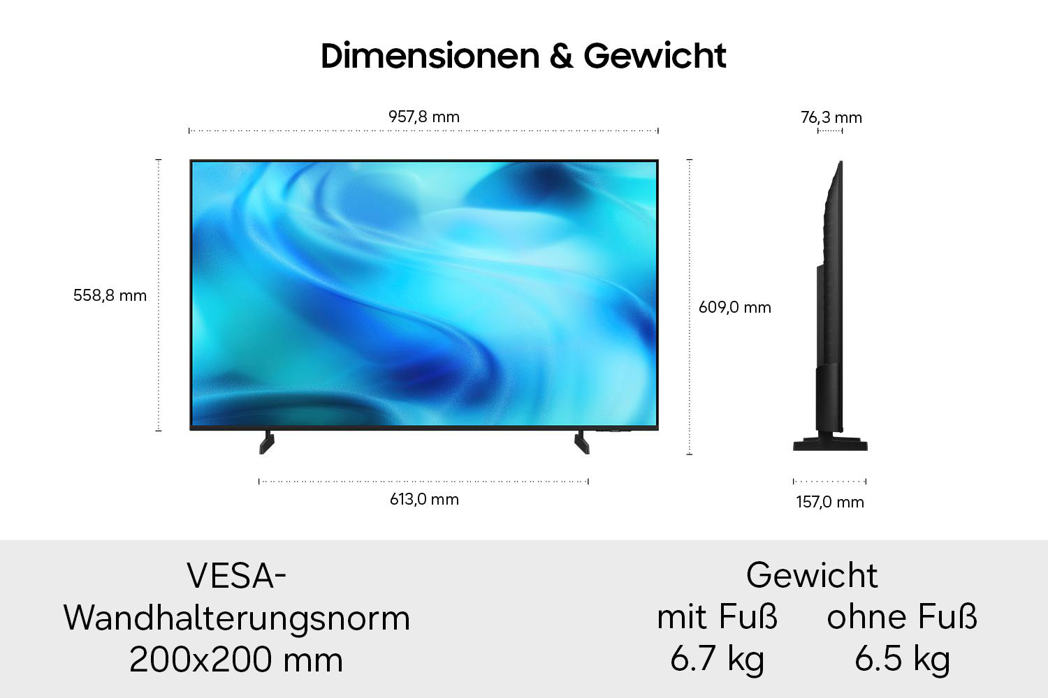 Diagramm zeigt die Abmessungen und das Gewicht eines Fernsehers mit und ohne Standfuß sowie VESA-Norm.