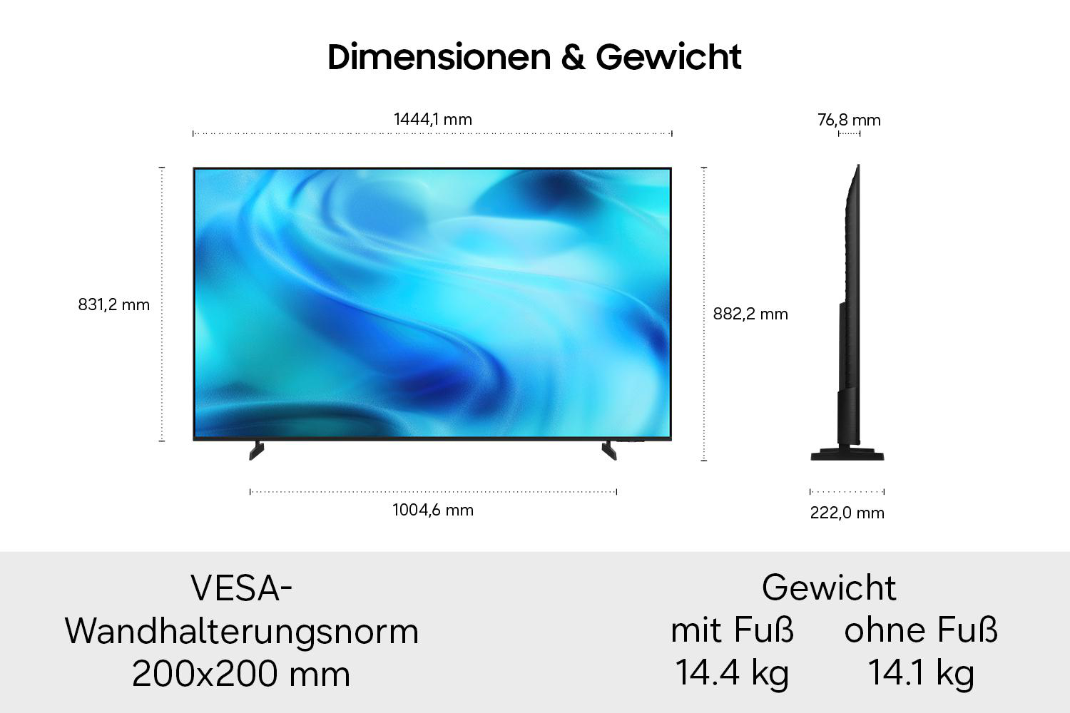 Diagramm zeigt Fernseher Abmessungen mit Höhe, Breite, Tiefe und Gewicht.