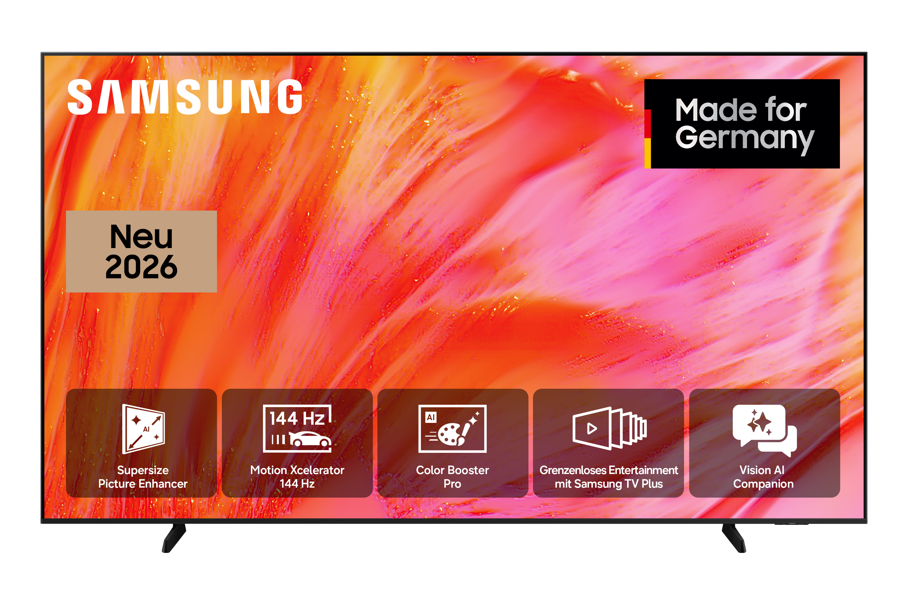 Samsung-Fernseher mit rotem abstrakten Display, 'Made for Germany'-Logo und fünf Feature-Icons.