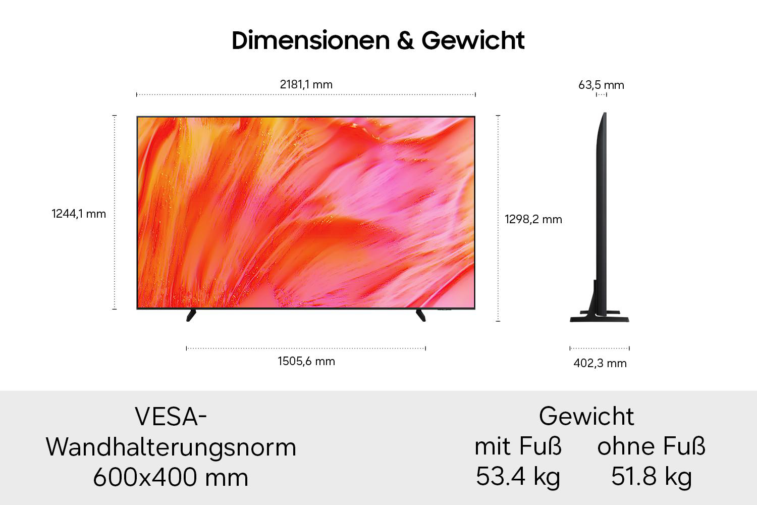 Technische Zeichnung der TV-Abmessungen und des Gewichts mit VESA-Norm auf grauem Hintergrund.