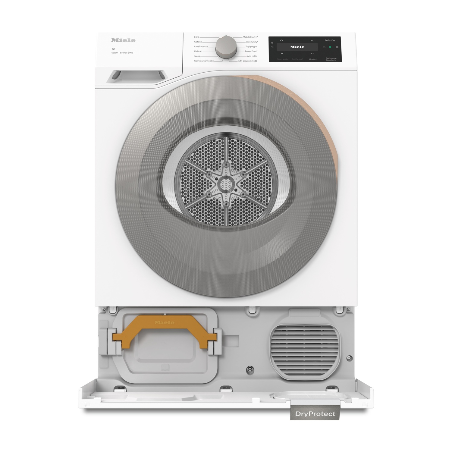 Asciugatrice bianca Miele T2 con grande oblò rotondo, display digitale e sportello inferiore aperto su sfondo bianco.