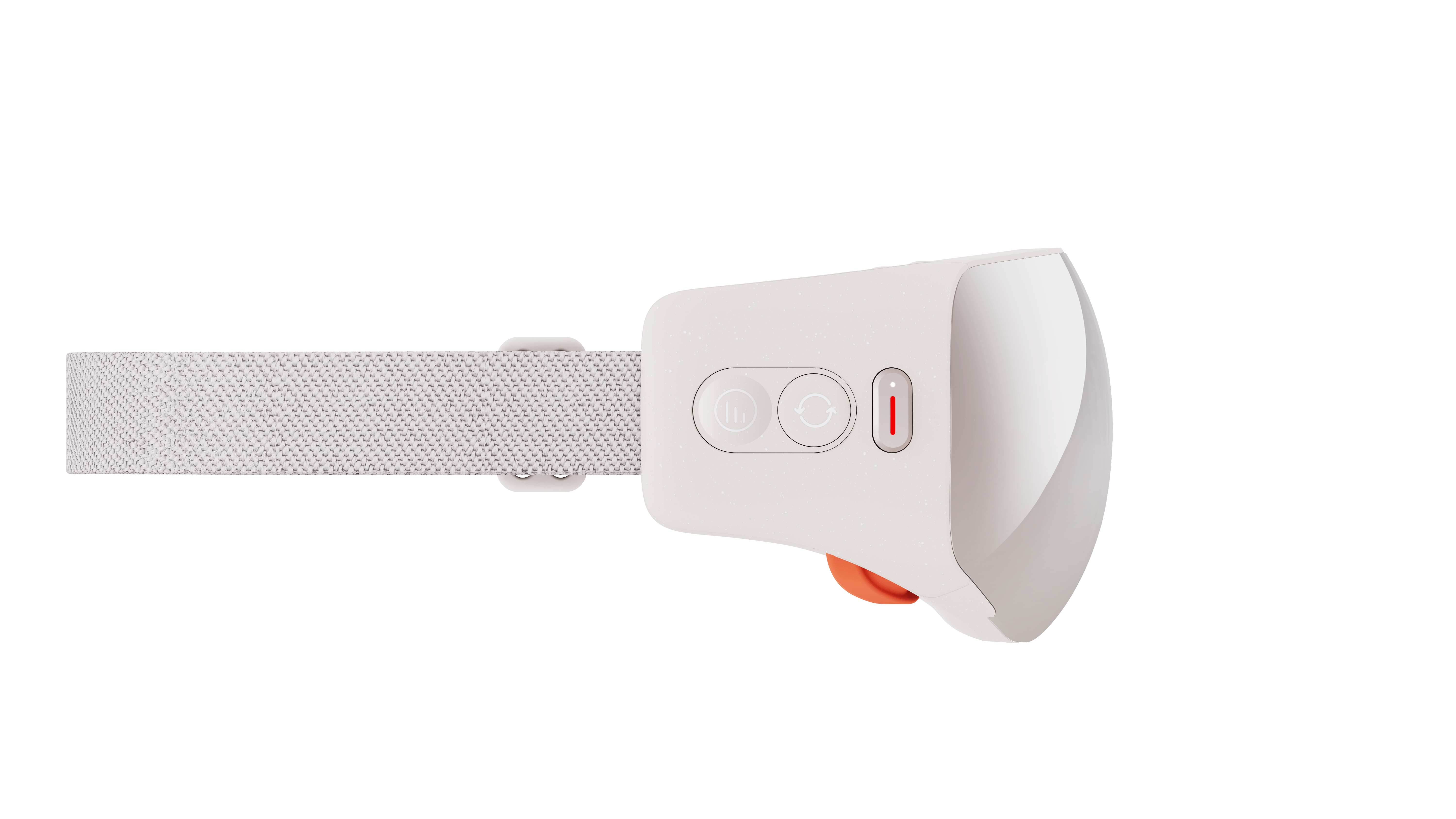 Egy fehér VR headset rugalmas fejpánttal és gombokkal a tetején, fekete háttér előtt.