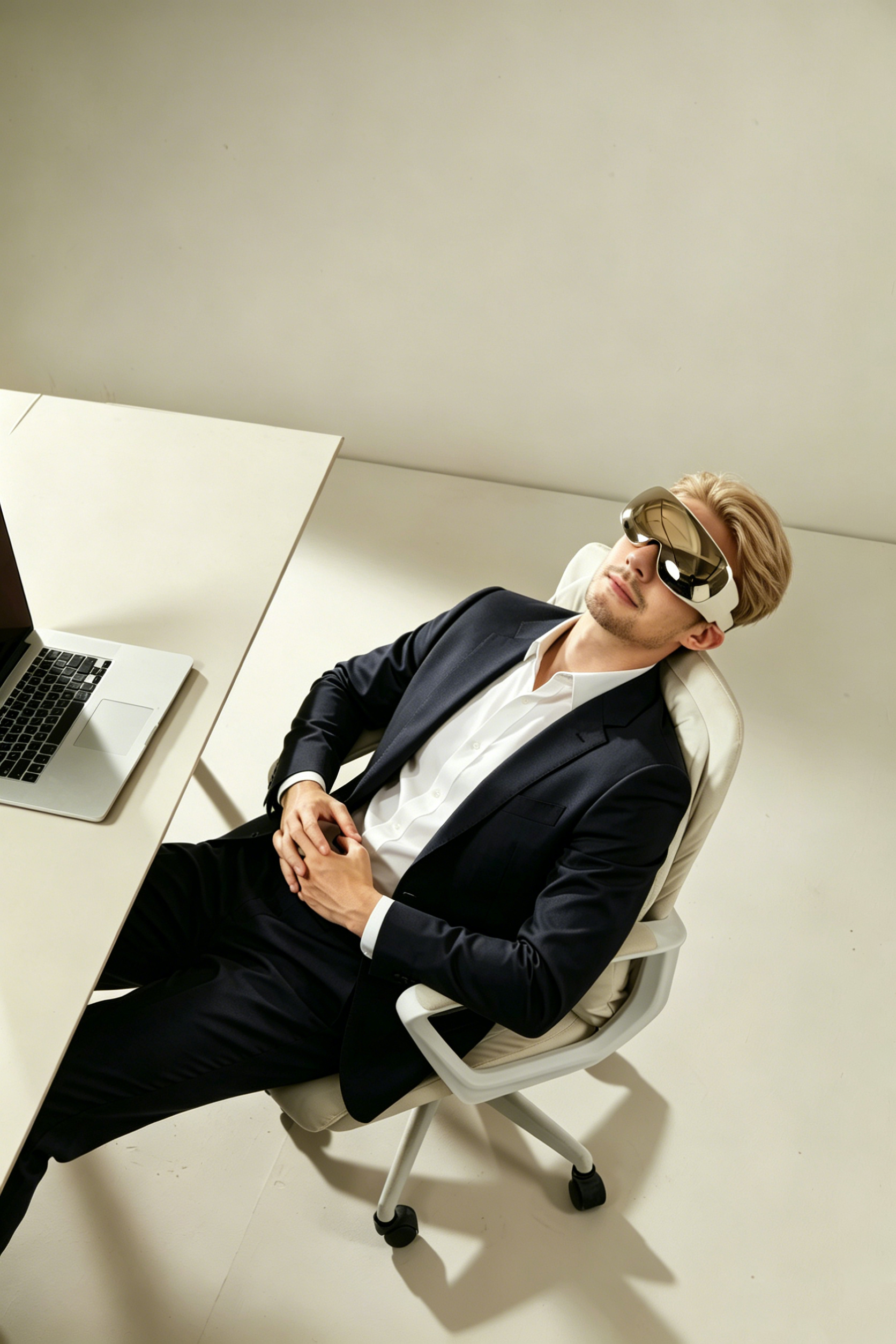 Egy öltönyös szőke férfi irodában ül, és futurista VR-szemüveget visel.