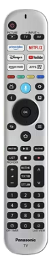 Egy ezüstszürke Panasonic távirányító fekete gombokkal, streaming gyorsbillentyűkkel és számbillentyűzettel fekete háttér előtt.