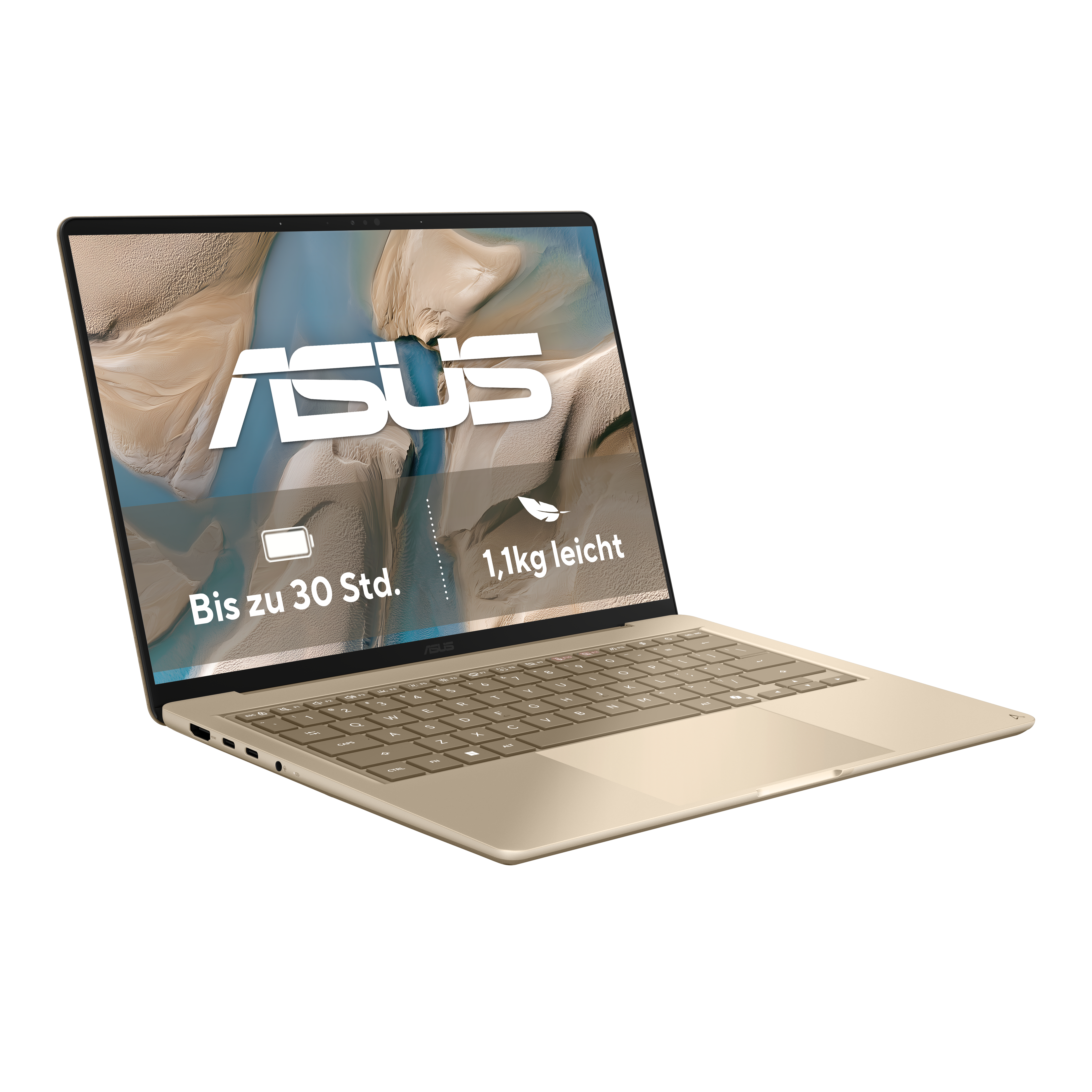 Ein goldenes Asus-Laptop auf weim Hintergrund zeigt den Bildschirm mit Werbung.