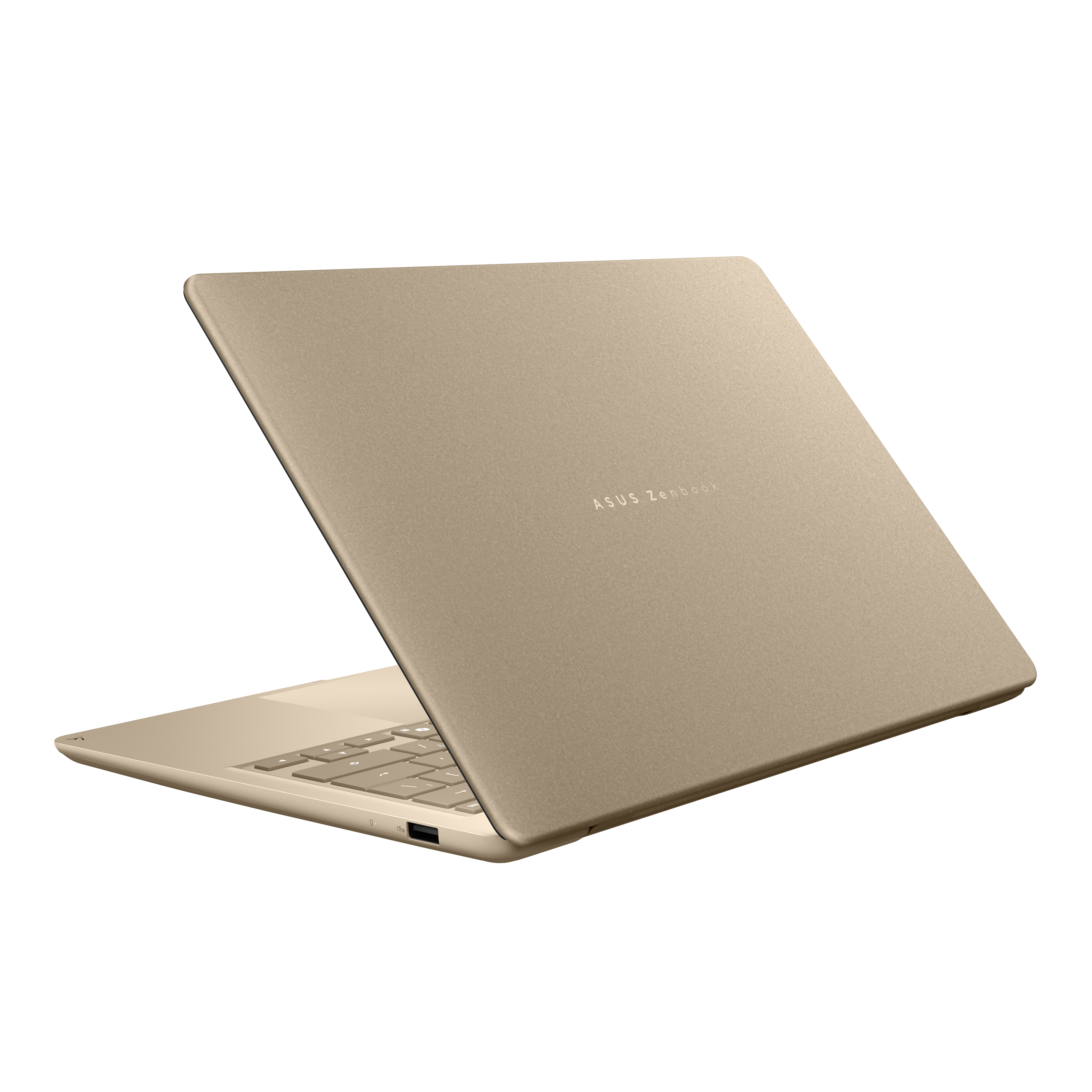 Ein goldener Asus ZenBook Laptop steht halb geöffnet auf weißem Hintergrund.