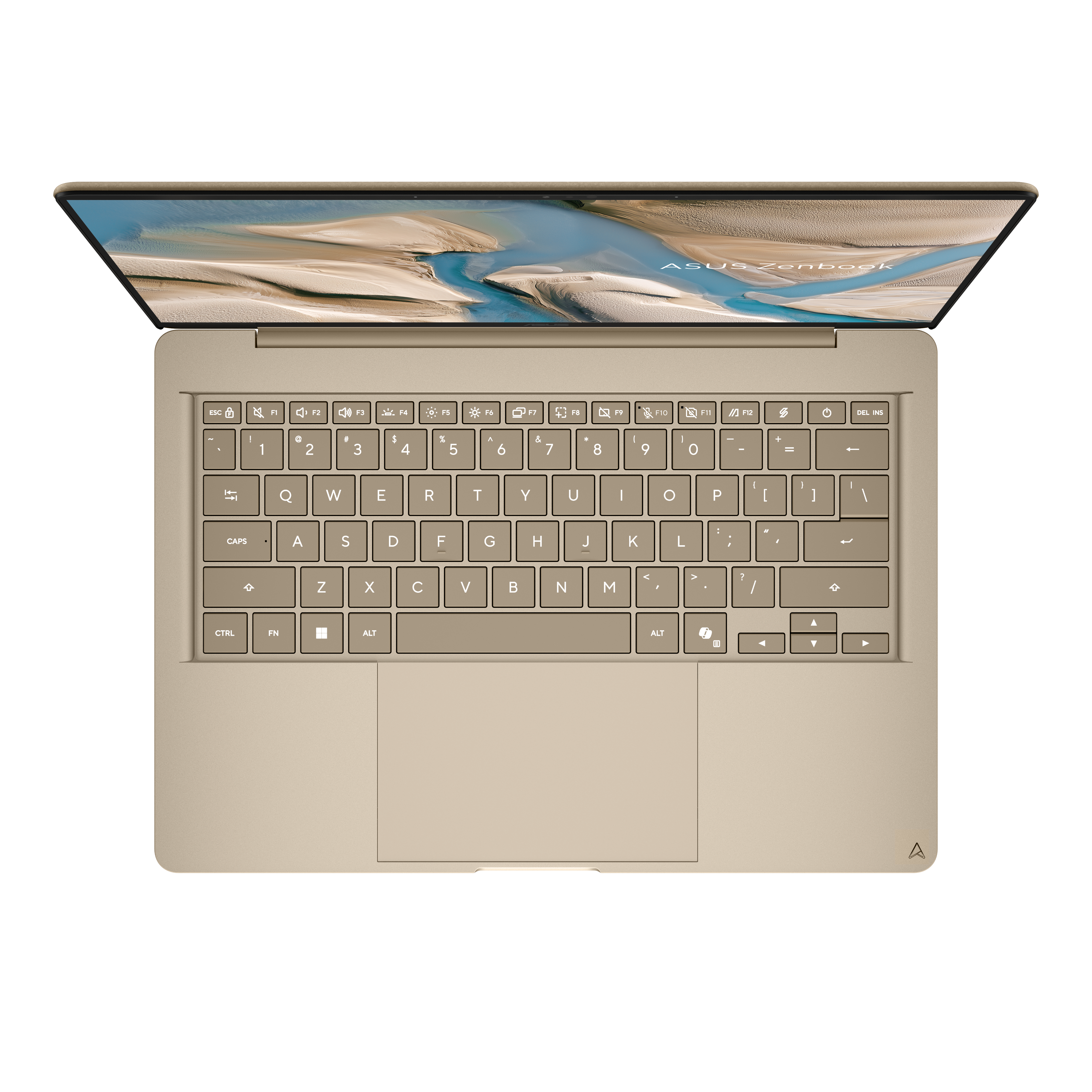 Ein goldener Asus Zenbook Laptop von oben, mit Tastatur und einem Display, das eine Landschaft zeigt.