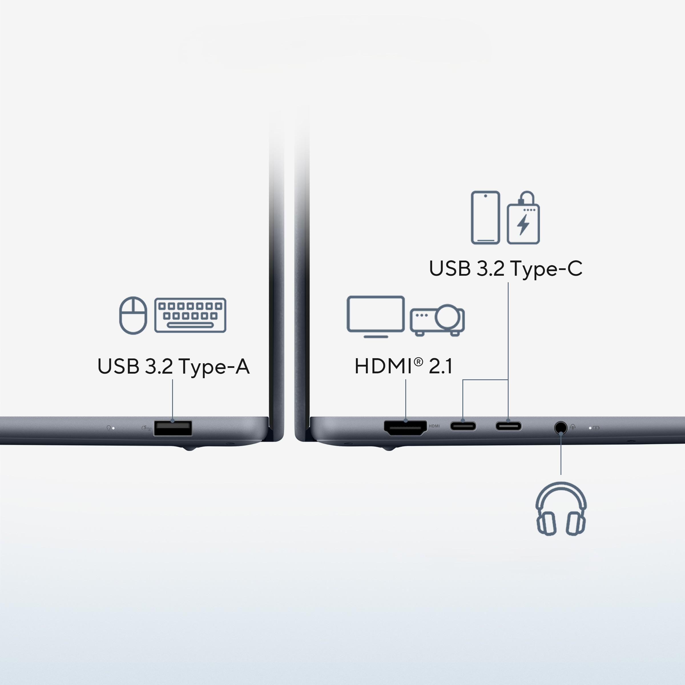 Laptop-Anschlüsse: USB 3.2 Type-A, HDMI 2.1, USB 3.2 Type-C und Kopfhöreranschluss.