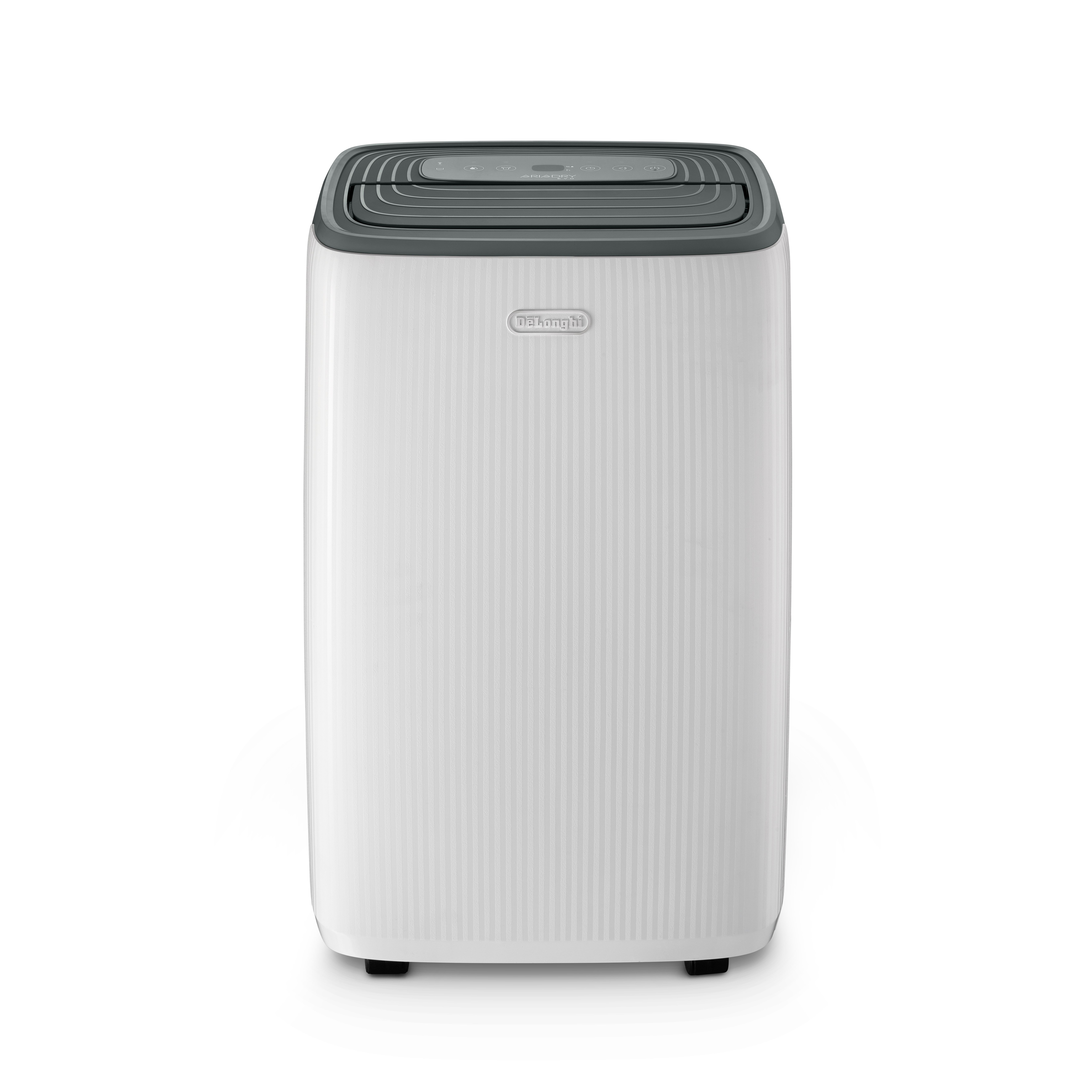 Un deshumidificador De'Longhi blanco con parte superior gris y panel de control digital sobre fondo blanco.