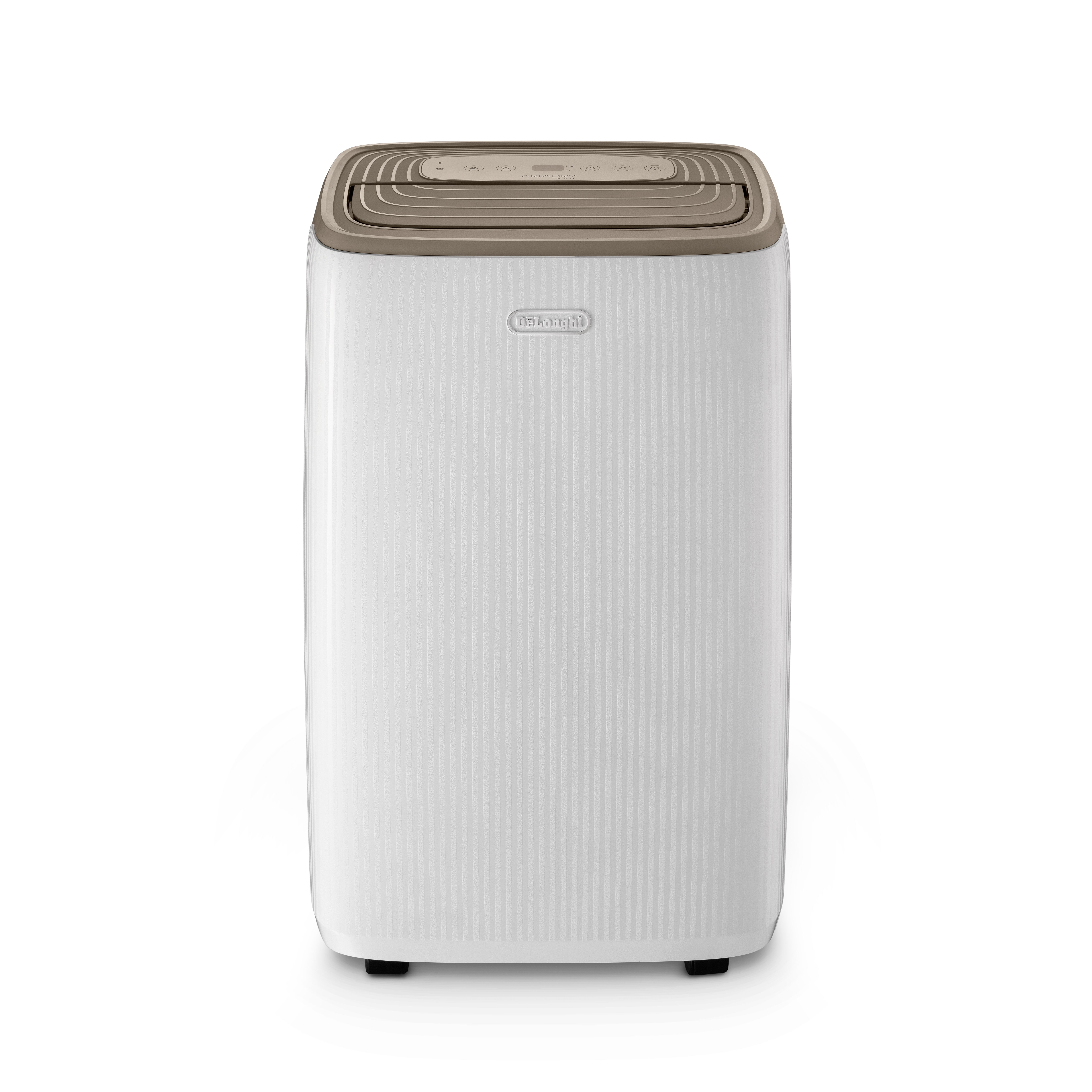 Un deshumidificador De'Longhi blanco con tapa marrón y panel táctil sobre fondo blanco.