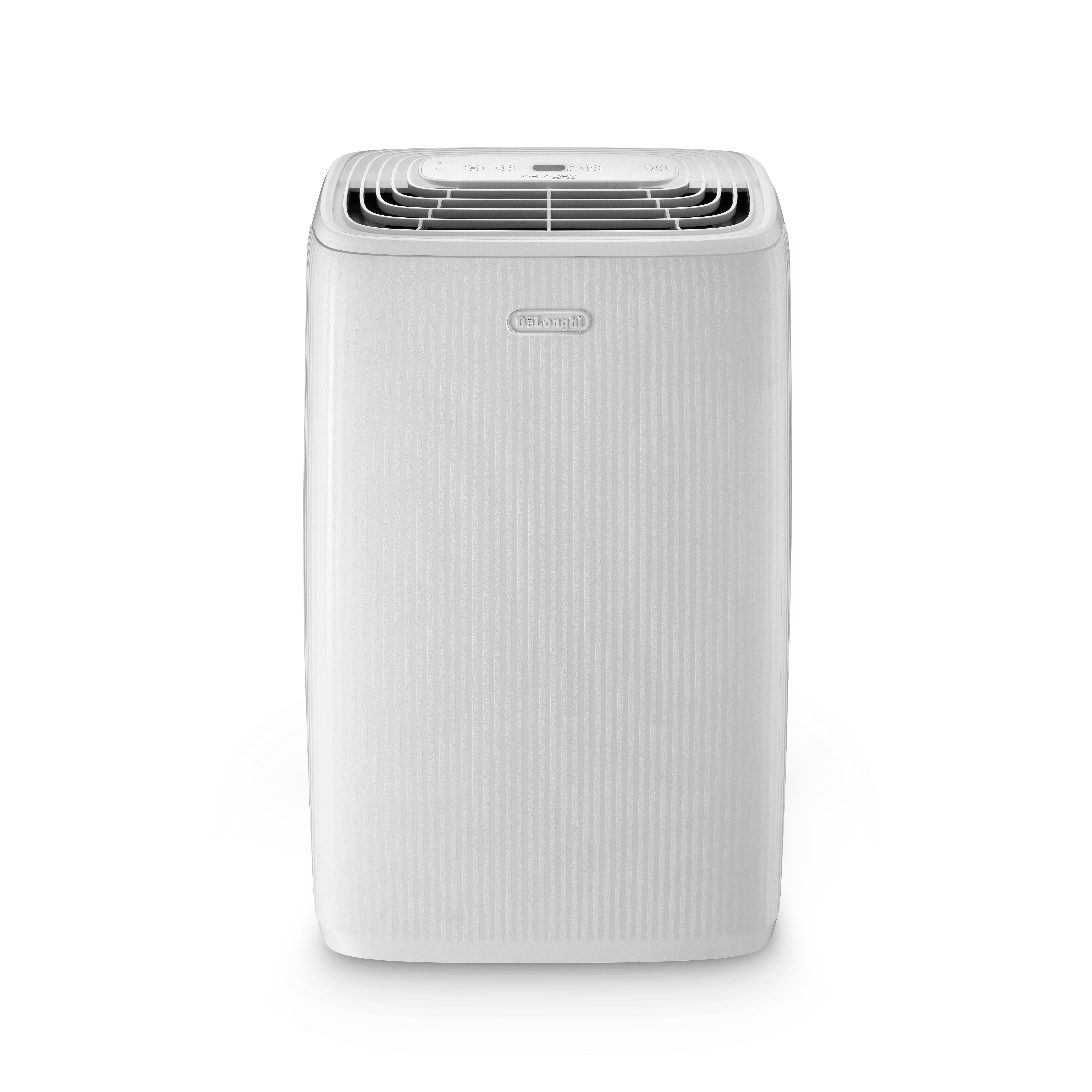 Un deshumidificador DeLonghi blanco vertical sobre fondo blanco con rejillas superiores y pantalla digital.