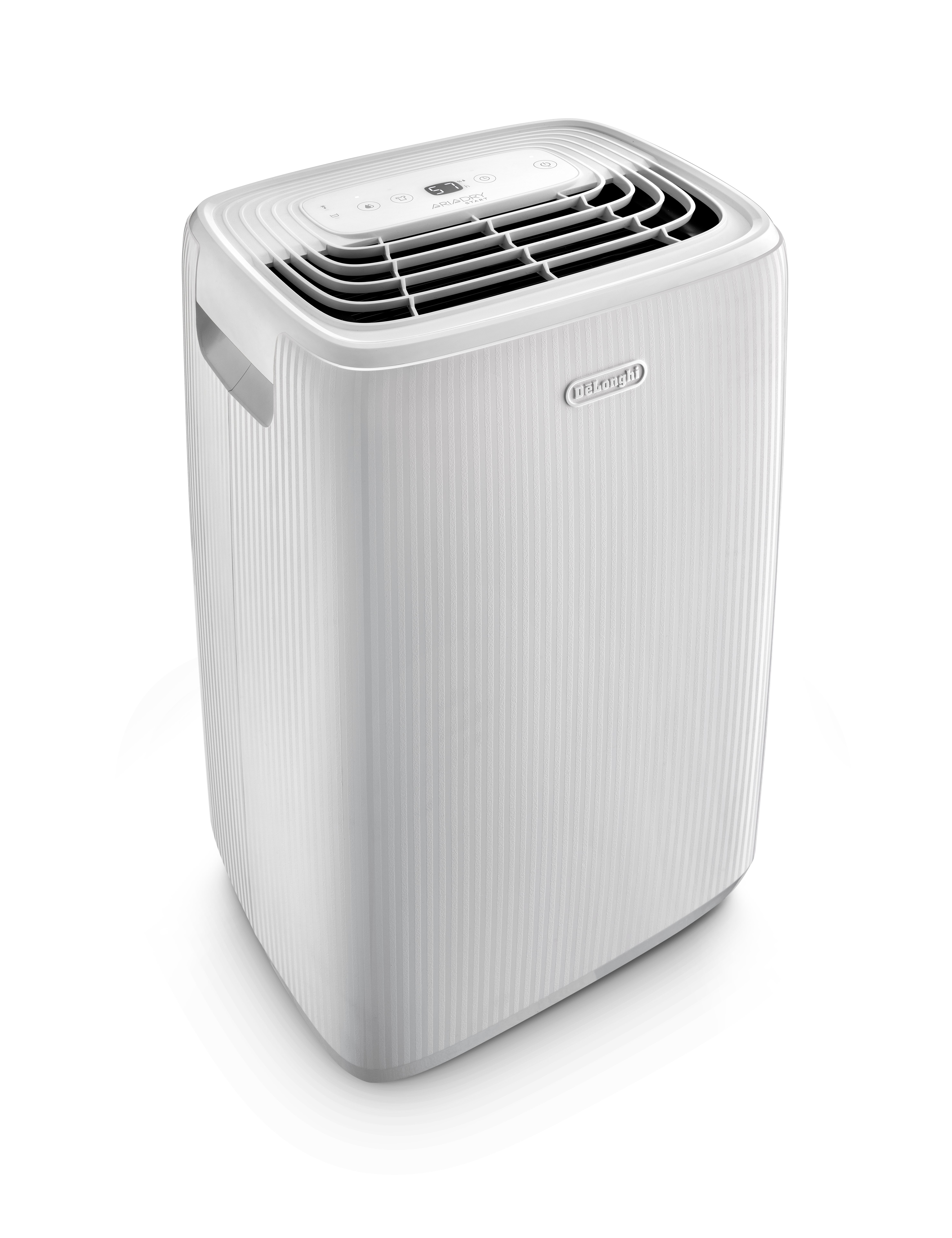 Un deshumidificador DeLonghi blanco con pantalla digital y textura estriada sobre fondo blanco.