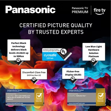 Panasonic TV hirdetés tanúsított képminőséggel, Eyesafe logóval és színes füst háttérrel.