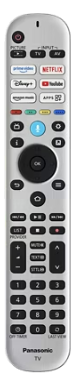 Ezüstszínű Panasonic távirányító számos fekete gombbal, fekete háttér előtt.