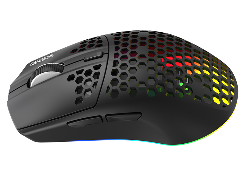 Czarna mysz gamingowa z obudową o strukturze plastra miodu i oświetleniem RGB.