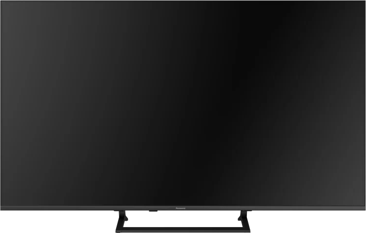 Egy nagy, fekete síkképernyős TV vékony kerettel egy egyszerű állványon áll.