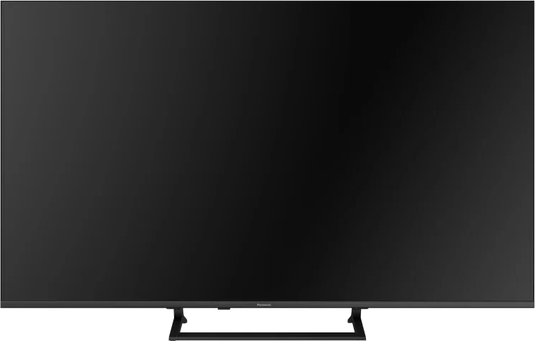Egy nagy, fekete televízió állványon áll semleges háttér előtt.