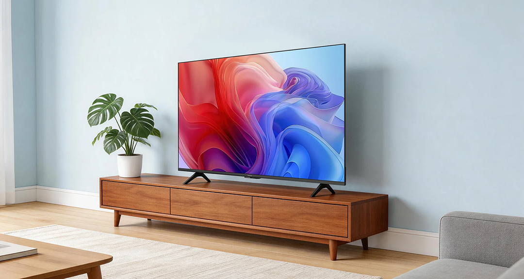Síkképernyős TV elvont képernyővel egy fa szekrényen, világoskék fal előtt egy cserepes növénnyel.