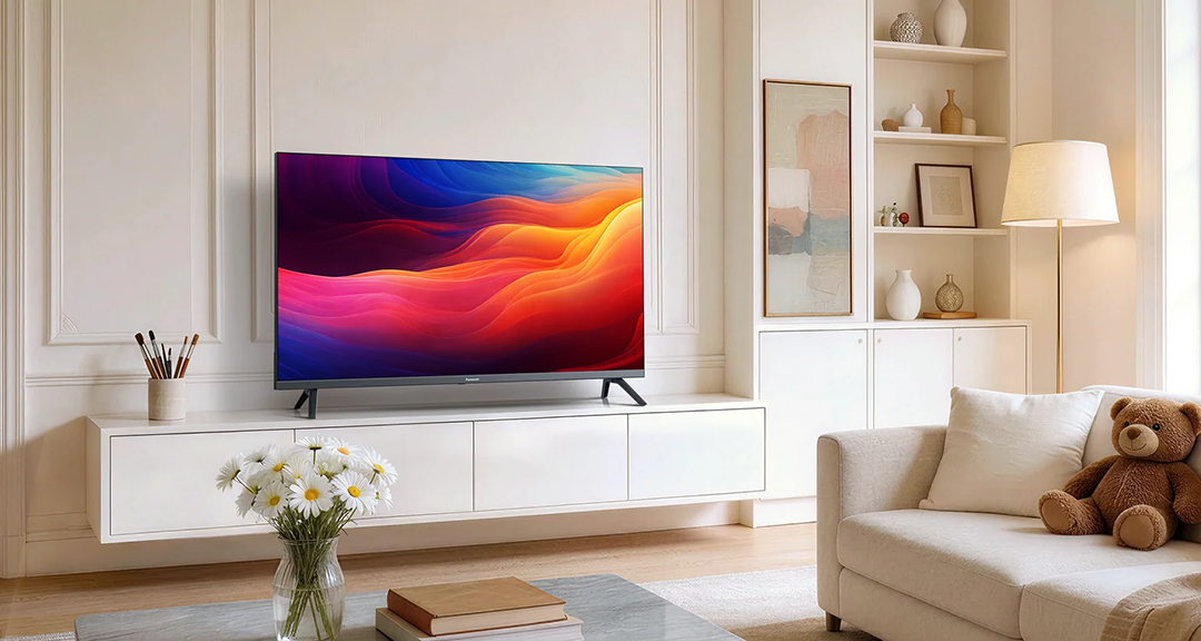 Nappali színes hullámokat mutató tévével, fehér szekrénnyel, mackós kanapéval és virágváza.
