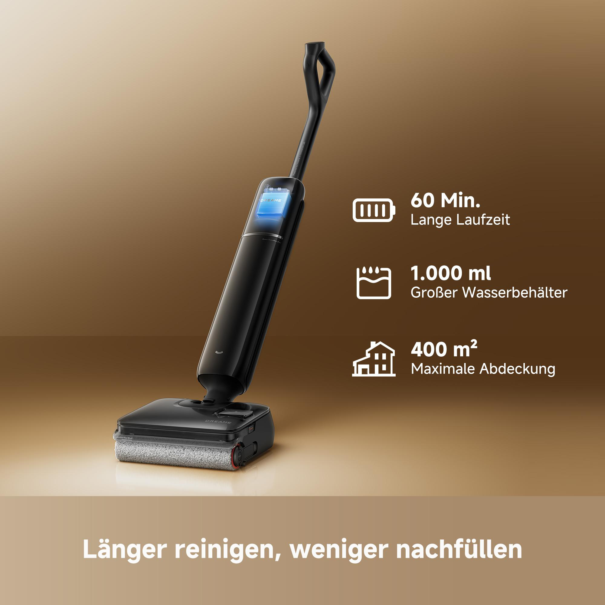 Schwarzer Akku-Wischstaubsauger mit Icons für 60 Min. Laufzeit, 1.000 ml Tank und 400 m² Abdeckung auf goldenem Grund.