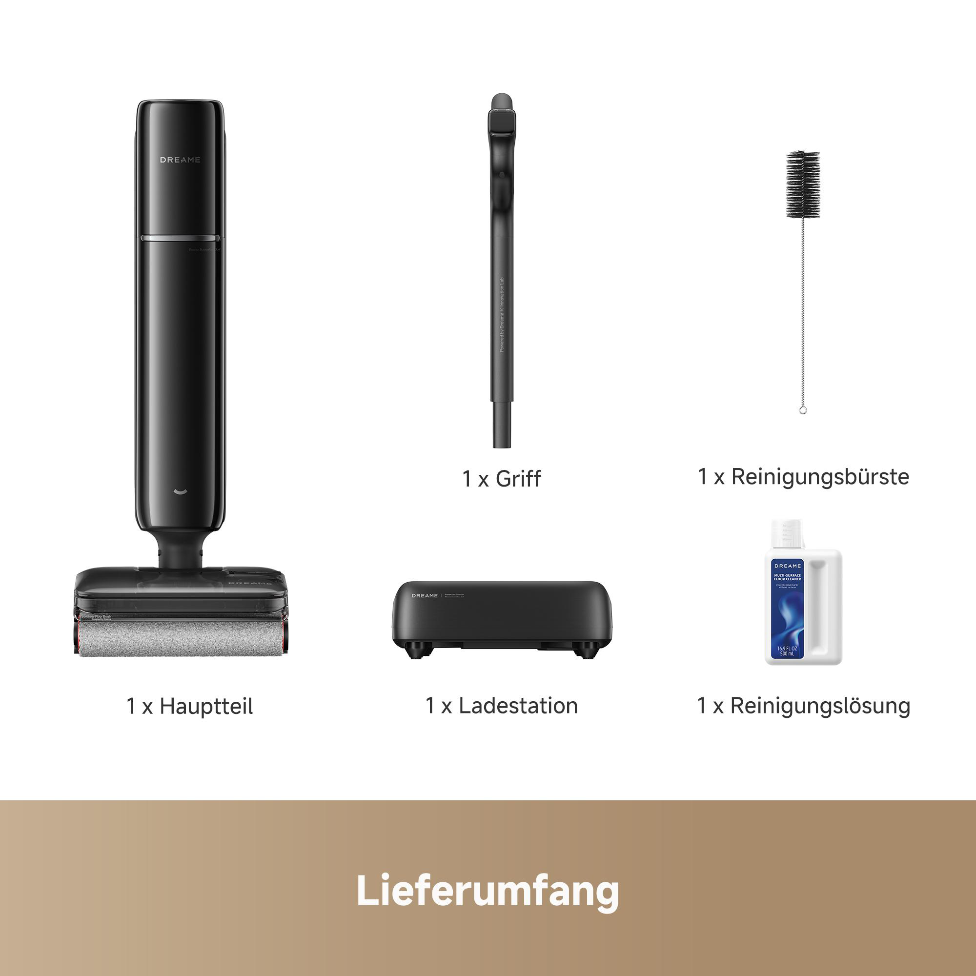 Lieferumfang des Staubsaugers mit Hauptteil, Griff, Ladestation, Reinigungsbürste und -lösung.