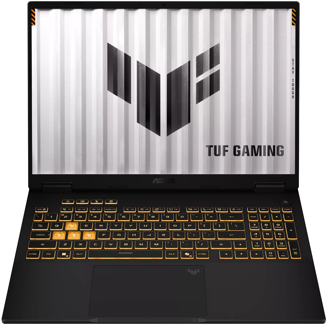 Egy nyitott fekete Asus TUF Gaming laptop, képernyőjén TUF logóval és narancssárga háttérvilágítással.