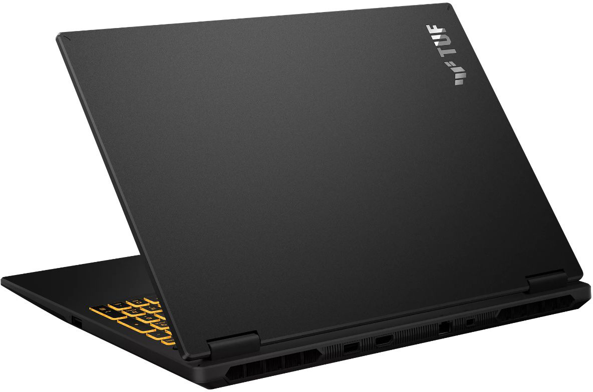 Fekete Asus TUF gamer laptop hátulról és oldalról, sárgán világító billentyűkkel és csatlakozókkal.