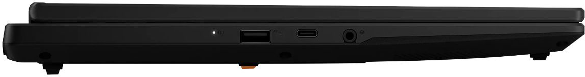 Fekete laptop oldalsnézete USB-A, USB-C portokkal és audiócsatlakozóval.