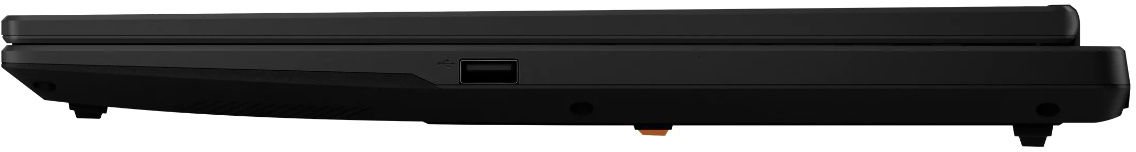 Egy zárt, fekete laptop oldalszögből, egy látható USB-porttal.