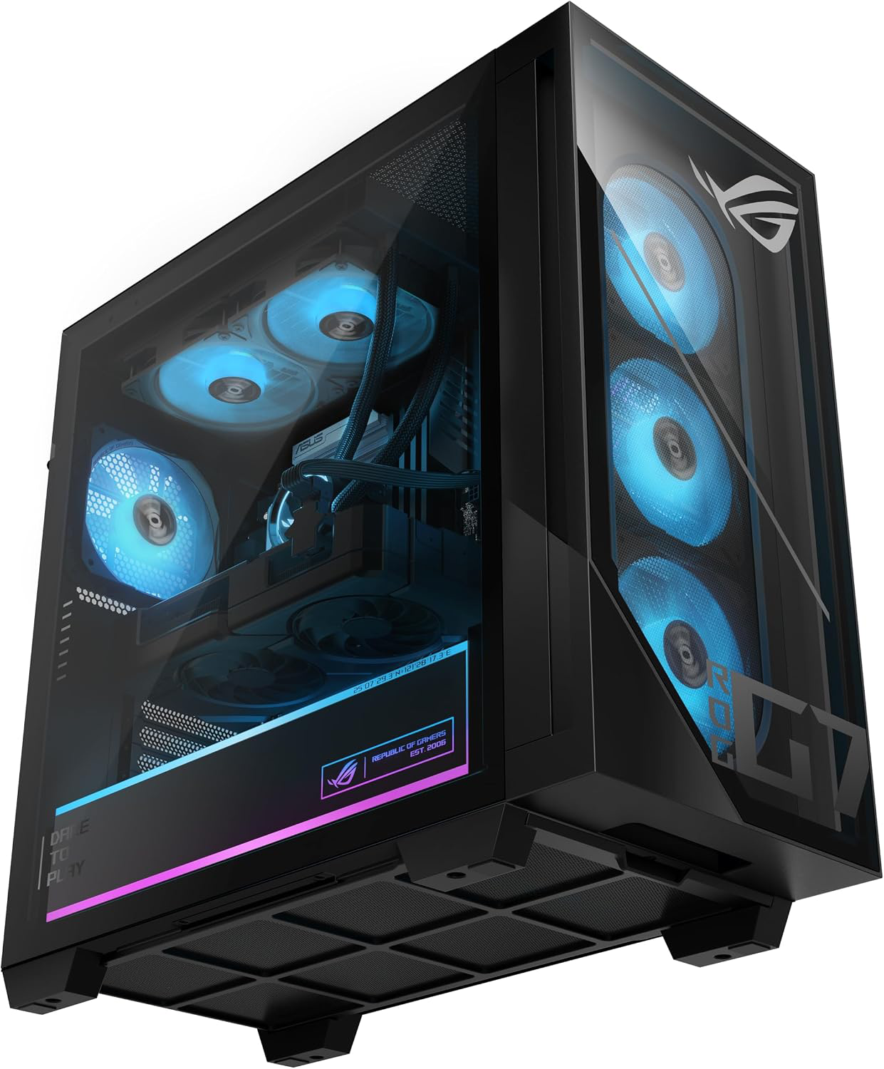 Fekete gamer PC ház üveg oldallabbal, kék világító ventilátorokkal és ASUS ROG logóval.