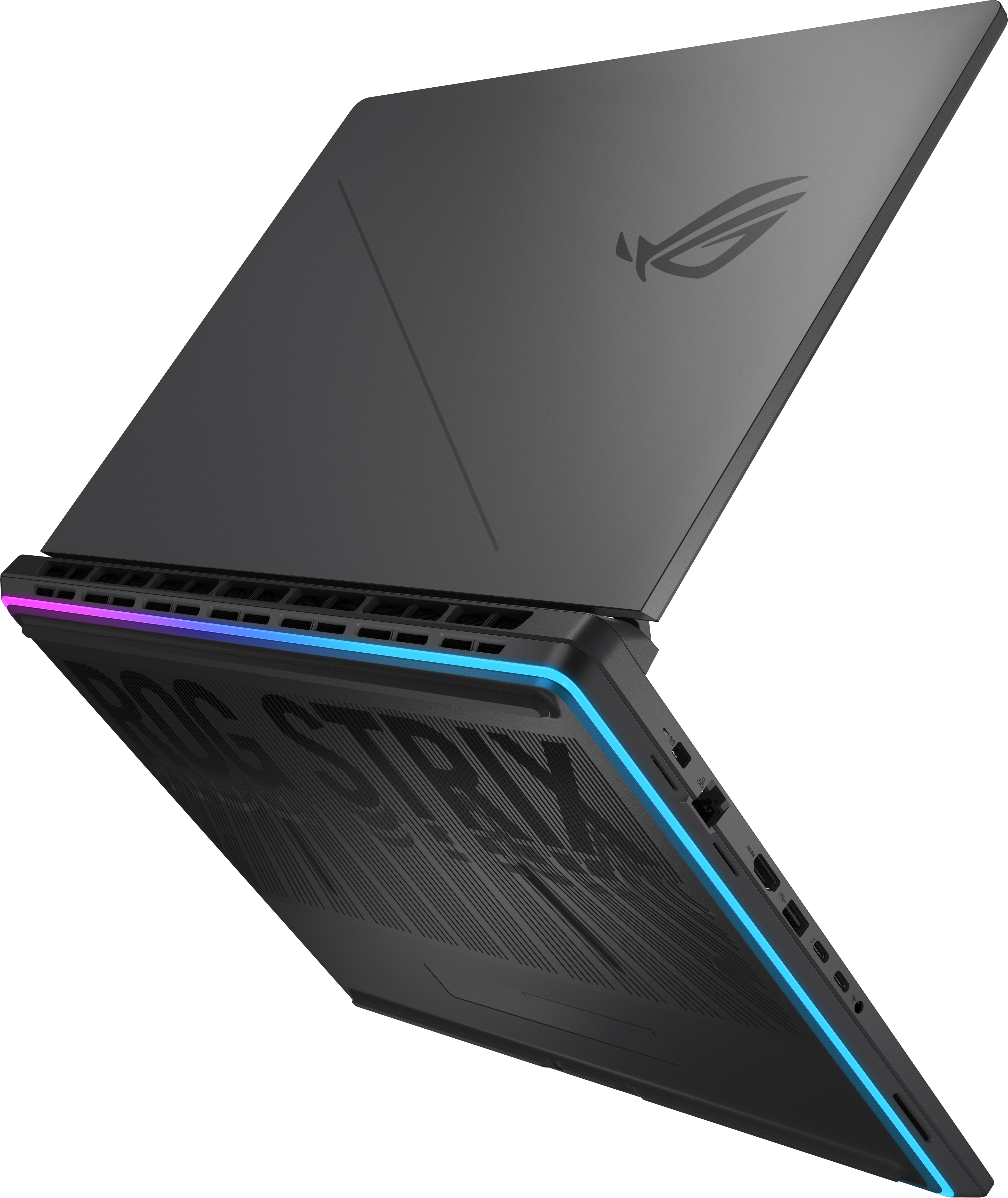 Szürke gamer laptop hátulján RGB világítással, fekete háttér előtt.
