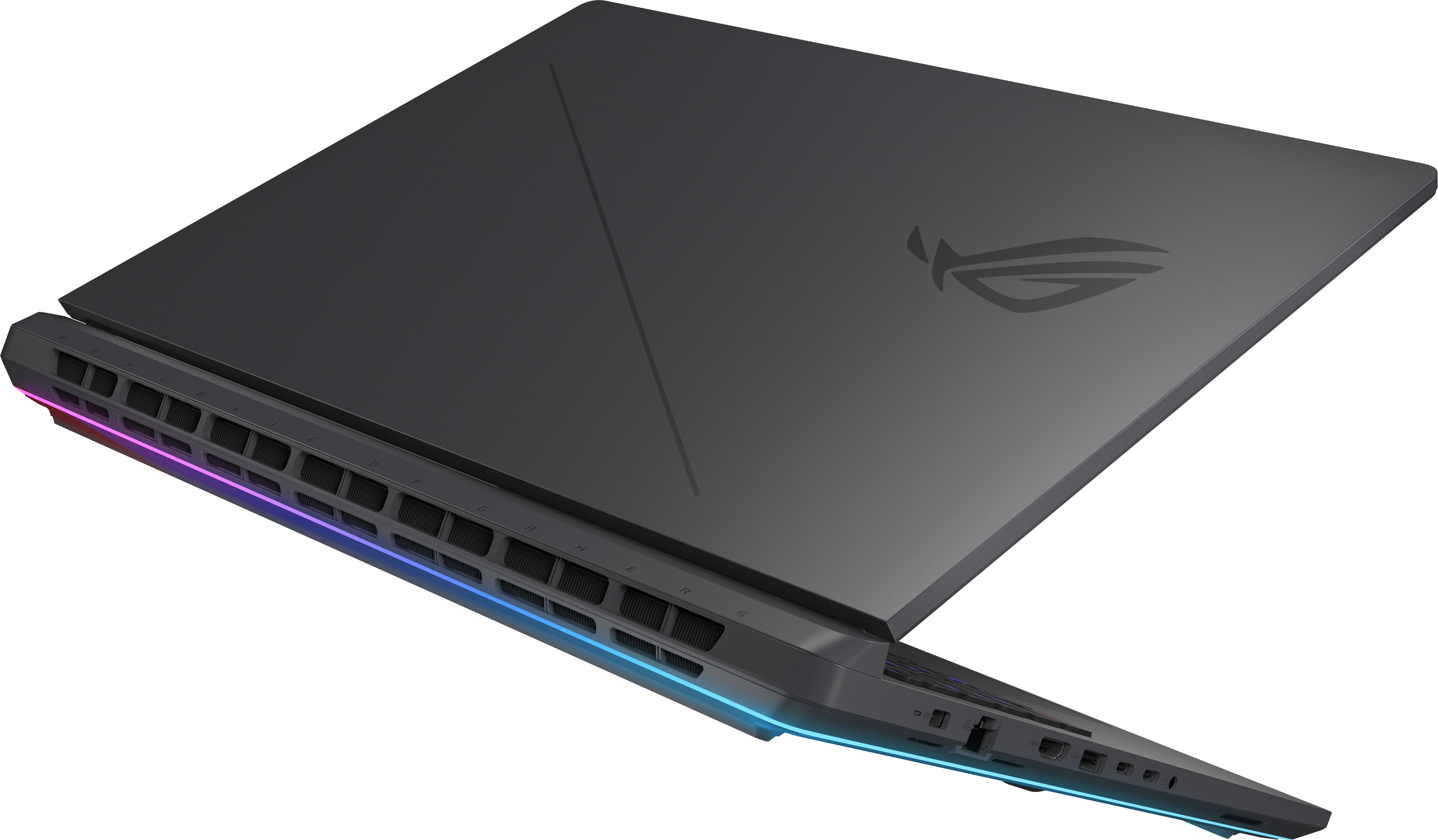 Egy zárt, sötétszürke gamer laptop világító kék fénycsíkokkal a hátsó élen, fekete háttér előtt.