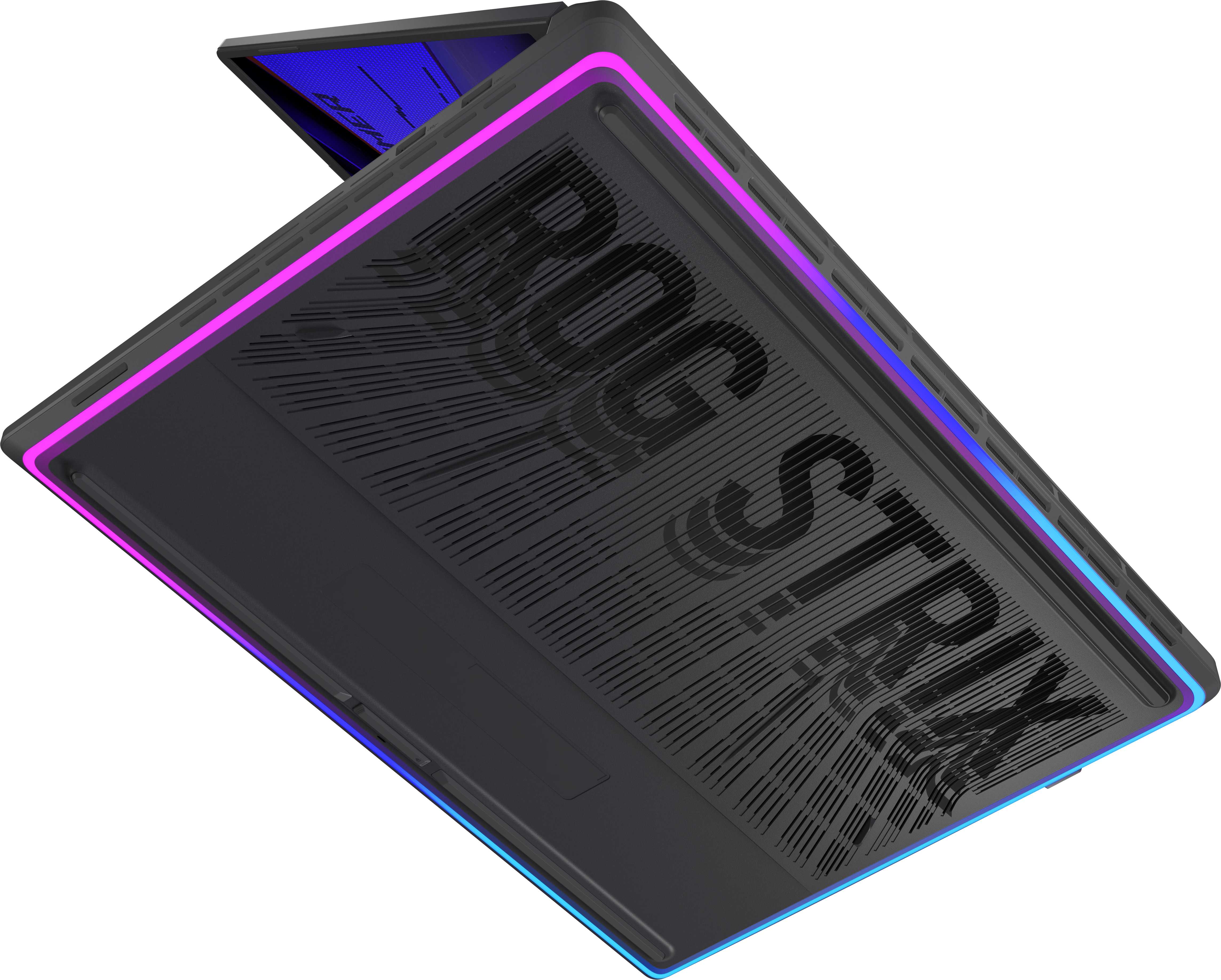 Zárt fekete ROG Strix gamer laptop világító LED-szegéllyel és a logóval a texturált fedlapon.