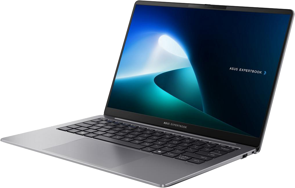 Egy ezüst színű ASUS ExpertBook laptop fekete háttér előtt, élénkkék és zöld absztrakt képernyővel.