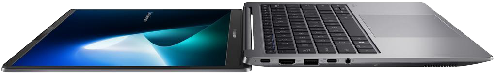 Egy ezüst laptop szélesre van nyitva, mutatja a billentyűzetet és a képernyőt kék dizájnnal, fekete háttér előtt.