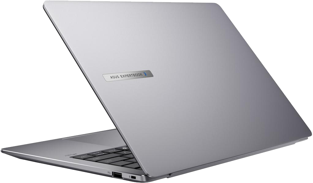Egy ezüst színű Asus ExpertBook laptop látható ferde szögben, zárt fedéllel és fekete billentyűzettel.