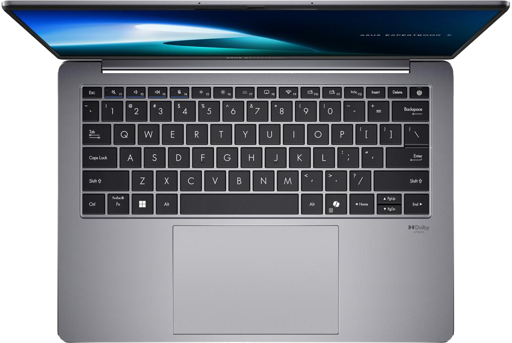 Felülnézet egy szürke laptopról billentyűzettel, érintőpaddal és kék képernyővel.