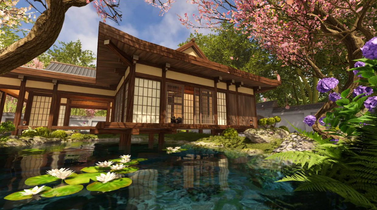 Ein traditionelles japanisches Haus steht über einem Teich mit Seerosen, umgeben von blühenden Bäumen.