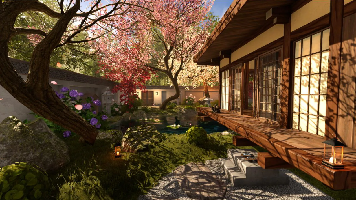 Ein traditionelles japanisches Haus mit Holzveranda, umgeben von blühenden Kirschbäumen, einem Teich und Garten.