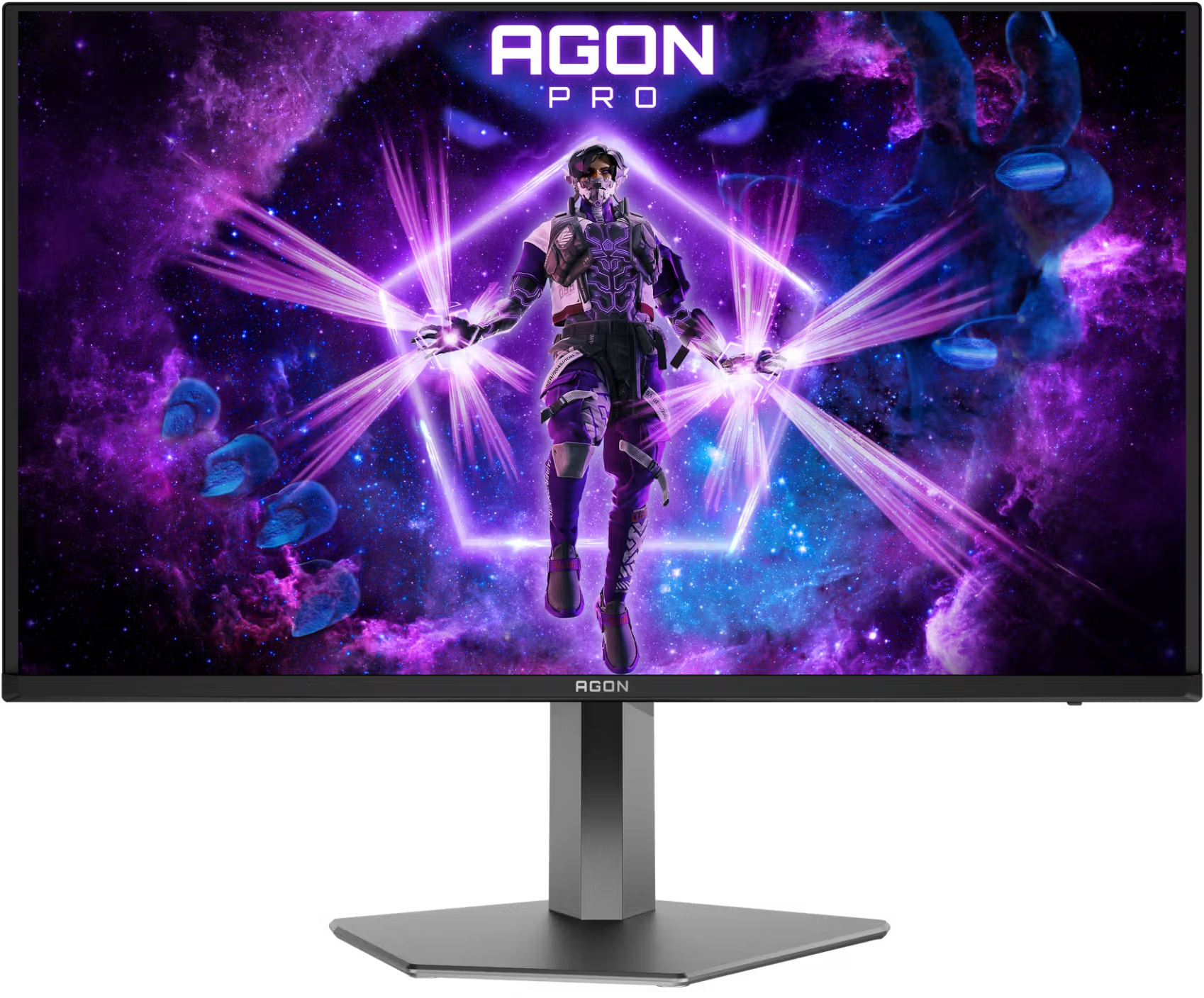 Agon Pro játékmonitor lila űrtartalmú futurisztikus karaktert megjelenítő képernyővel.
