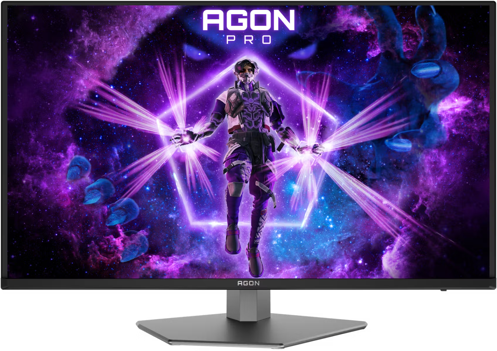 Egy AGON PRO monitor egy futurisztikus karaktert mutat lila űrháttérben, energiasugarakkal.