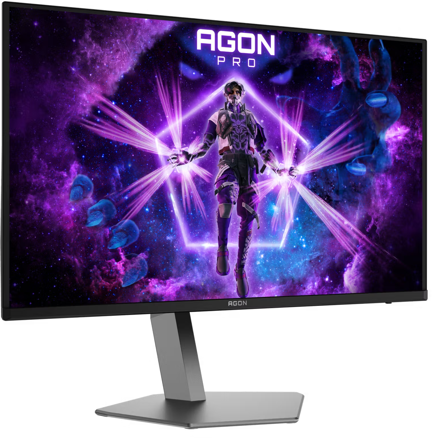 Egy AGON Pro gamer monitor egy futurisztikus karaktert mutat lila kozmikus háttérrel.