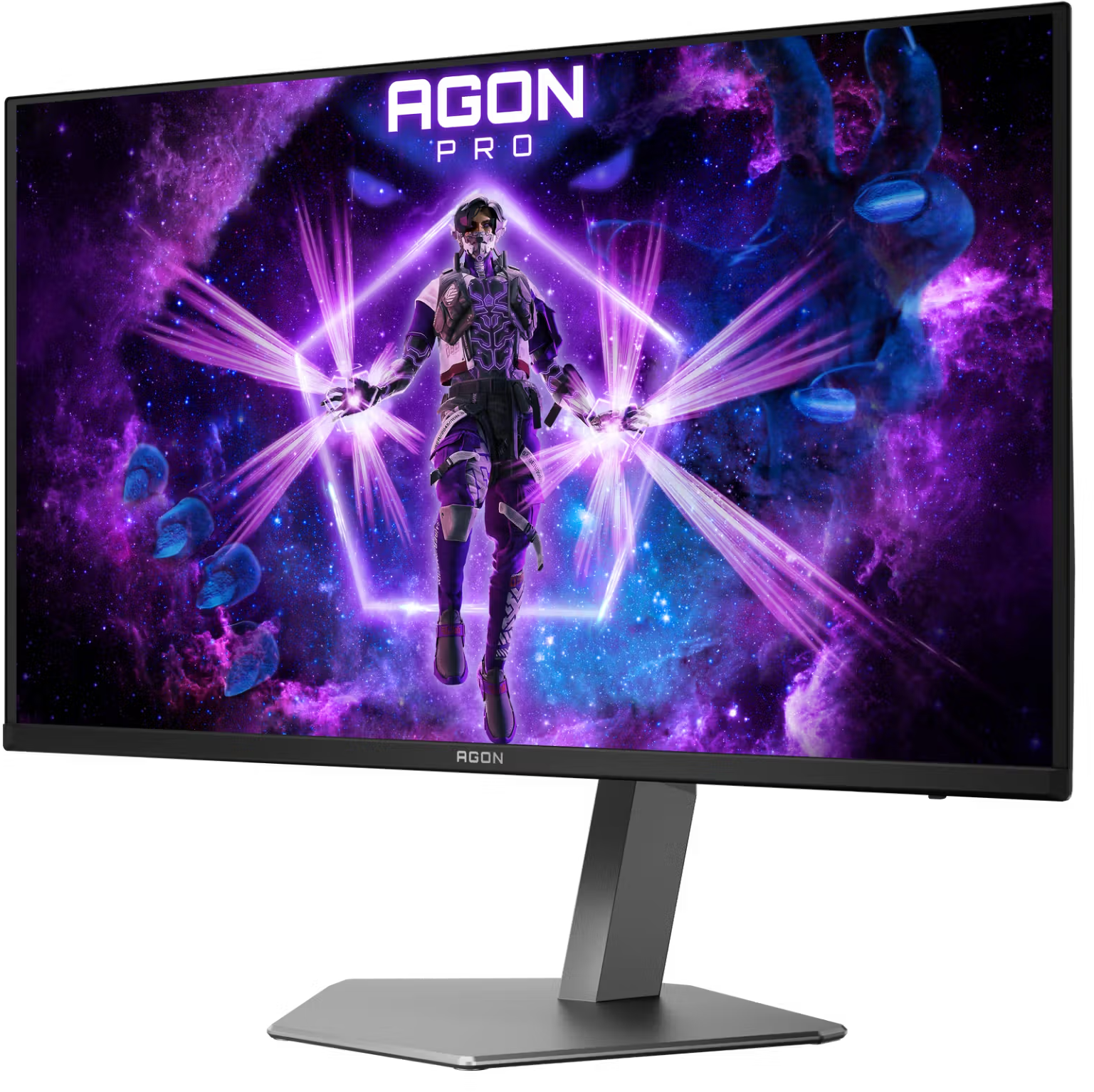 Egy Agon Pro játékmonitor egy fantasy karaktert mutat lila lézersugarakkal egy galaxisban.
